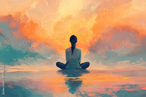 A Woman Meditating in a Sunset Landscape