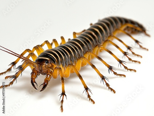 house centipede moves gracefully across a stark white surface, displaying its long, slender legs and segmented body. Each detail highlights its intricate anatomy. photo