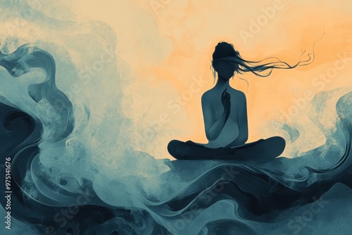 Silhouette of a Woman Meditating on a Swirling Abstract Background