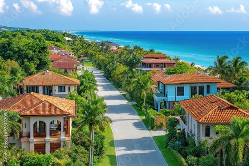 Tropical Coastal Street with Mediterranean-Style Homes