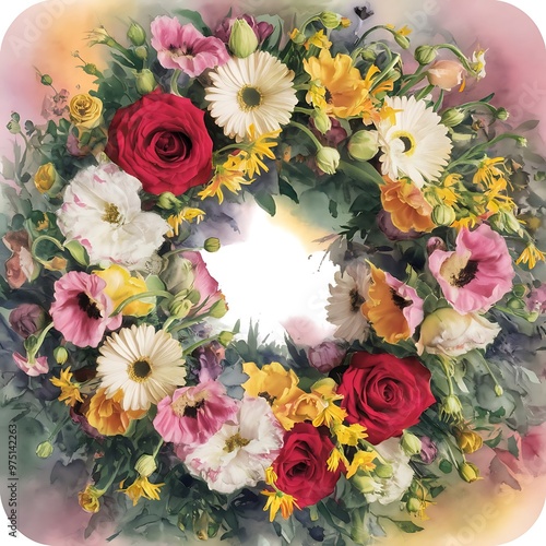 Watercolor floral wreath with roses, daisies and hollyhocks in vibrant colors