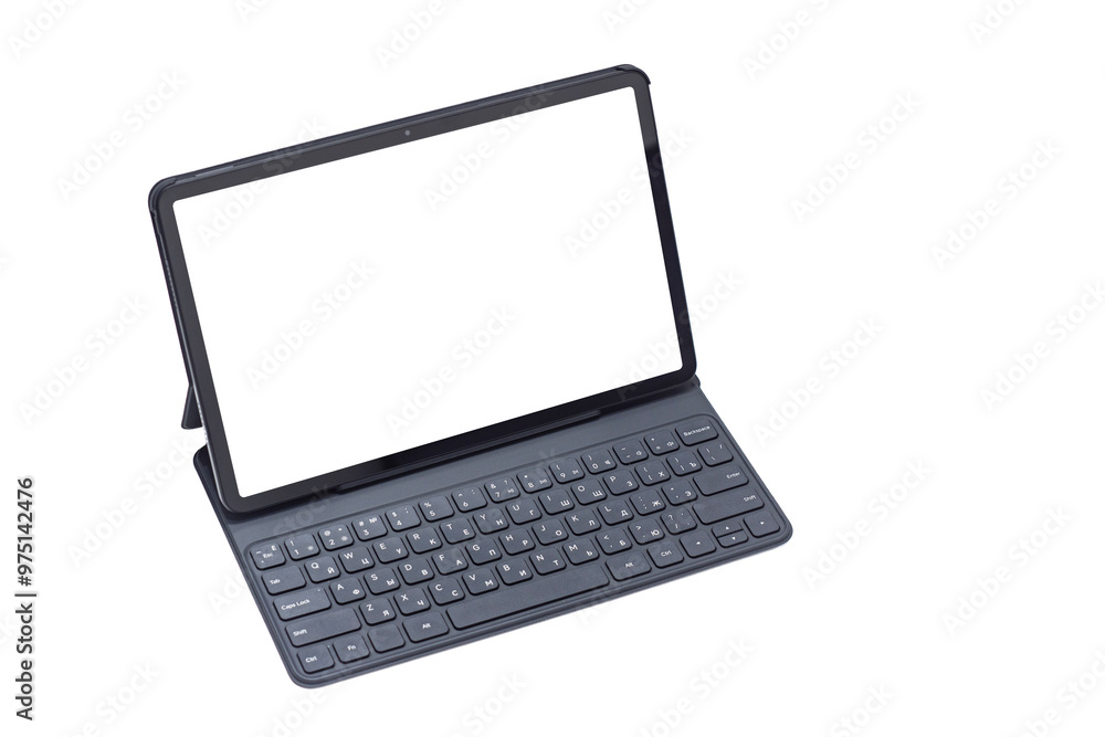 Mockup of tablet screen with keyboard and white screen close-up isolated on white background. Mockup of tablet screen with keyboard and white screen close-up isolated on white background.