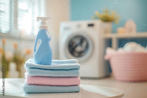 Bright daylight laundry scene with pastel basket, detergent bottle, and blurred washing machine