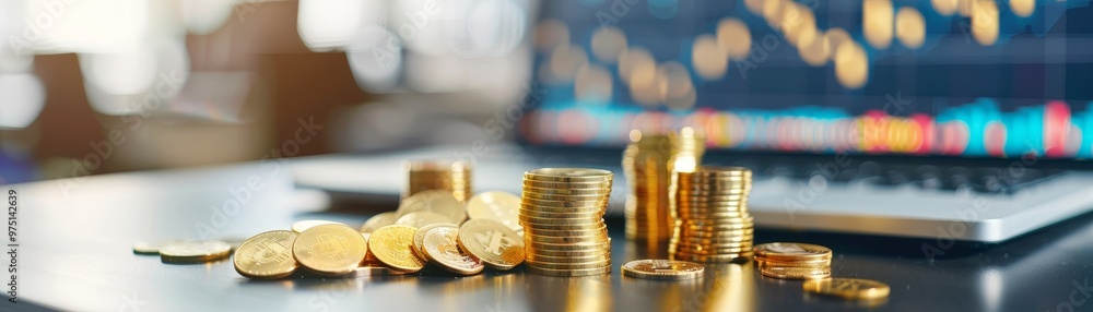 Golden Bitcoin Cryptocurrency Coins on a Desk with a Laptop Golden Bitcoin Cryptocurrency Coins on a Desk with a Laptop