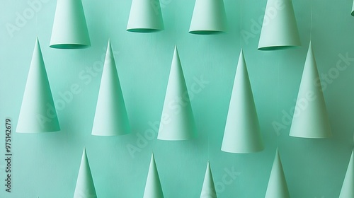   A set of paper cones adorn a wall against a green backdrop and a blue front photo