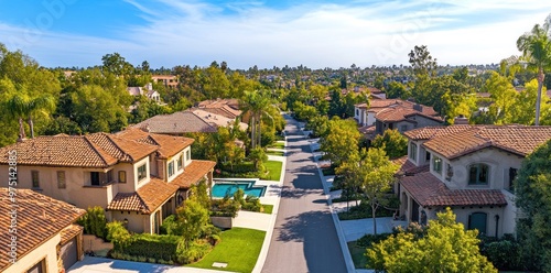 Aerial View of a Residential Street with Houses and Lush Greenery photo