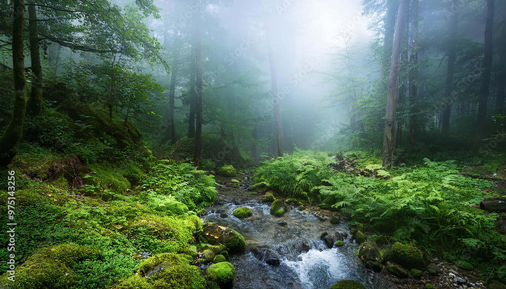 Rocks and flowing water with white fog for background image. Rocks and flowing water with white fog for background image.