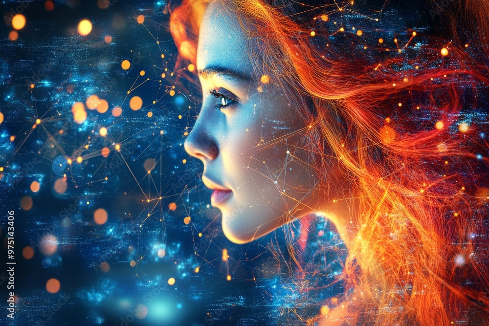 Woman with fiery neural particles surrounding her symbolizing creativity mental energy and the burning power of imagination Woman with fiery neural particles surrounding her symbolizing creativity mental energy and the burning power of imagination