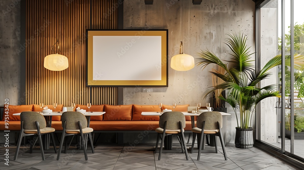 Modern restaurant interior design with blank frame mockup, wooden wall and concrete wall Modern restaurant interior design with blank frame mockup, wooden wall and concrete wall