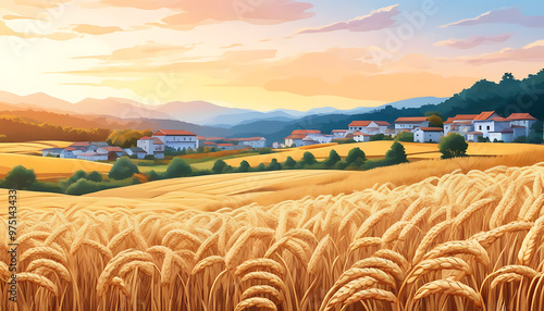 Harvest season, grain-filled storehouses, natural scenery like a painting photo