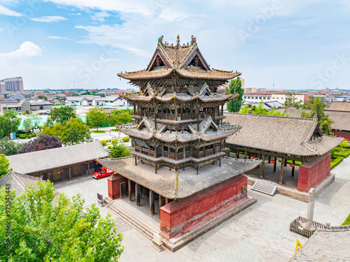 Aerial photography of Feiyun Tower in Wanrong County, Yuncheng City, Shanxi Province in summer photo