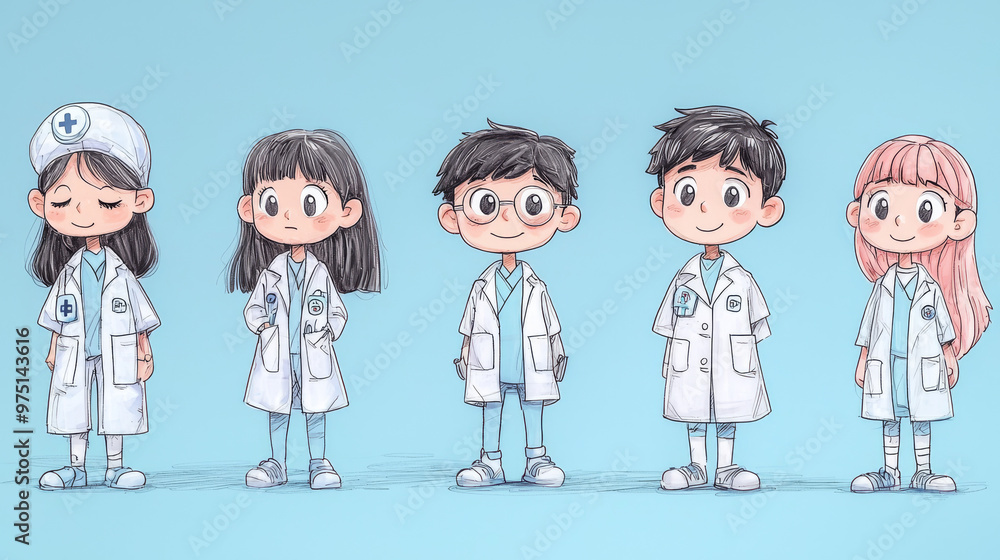 Five cartoon kids dressed as doctors, smiling. Five cartoon kids dressed as doctors, smiling.