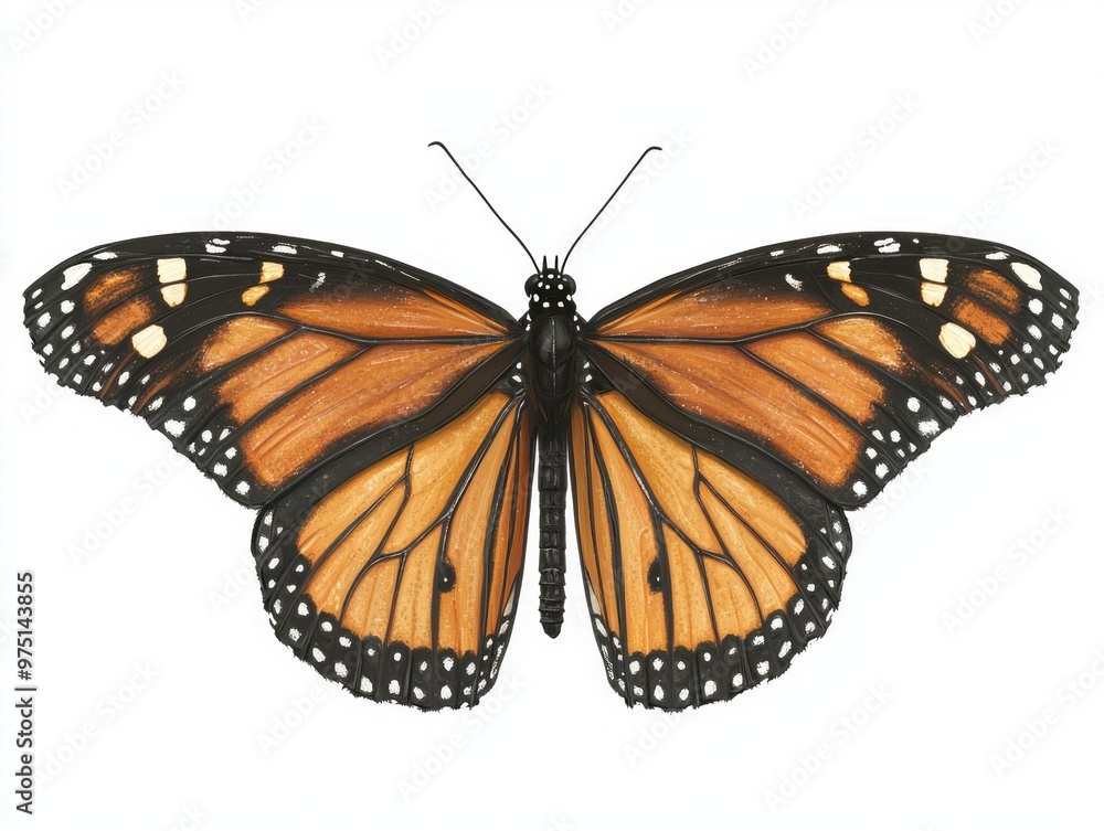 Fototapeta premium stunning monarch butterfly reveals its intricate patterns of orange and black as it spreads its wings wide against a bright, white backdrop, highlighting its beauty and grace.