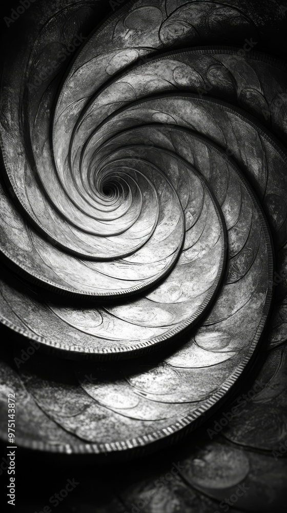 Spiral Pattern of Coins in Black and White - Monochrome image of coins arranged in a spiral pattern, creating a hypnotic and abstract sense of depth and movement.
Spiral Pattern of Coins in Black and White - Monochrome image of coins arranged in a spiral pattern, creating a hypnotic and abstract sense of depth and movement.