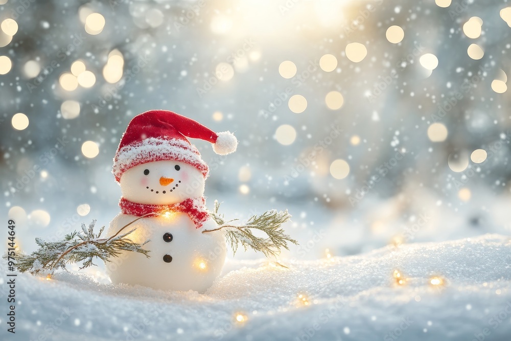 Joyful snowman in a snowy landscape with bokeh lights, ideal for new year s celebration backdrop Joyful snowman in a snowy landscape with bokeh lights, ideal for new year s celebration backdrop