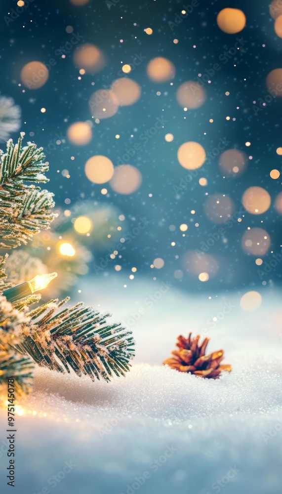 Christmas winter scene with snow and blurred bokeh for holiday greeting card design Christmas winter scene with snow and blurred bokeh for holiday greeting card design