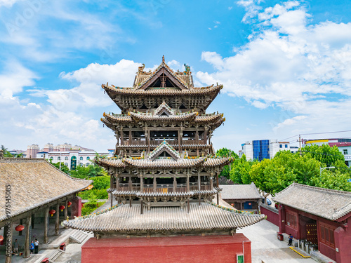 Aerial photography of Feiyun Tower in Wanrong County, Yuncheng City, Shanxi Province in summer photo