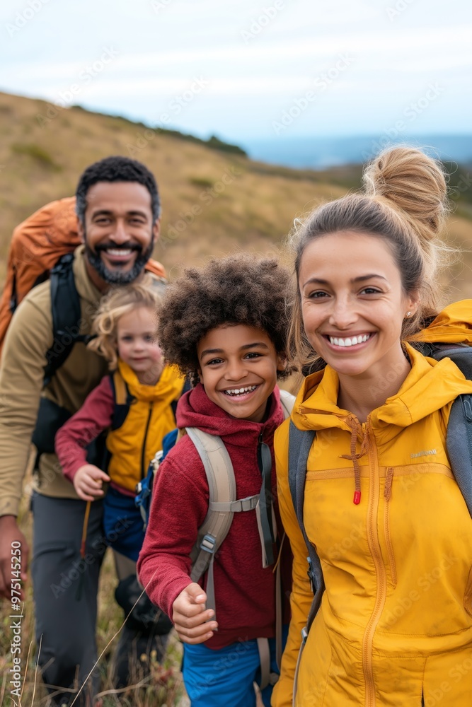 Diverse family hiking scenic park, exploring nature, enjoying outdoors. AI generated Diverse family hiking scenic park, exploring nature, enjoying outdoors. AI generated