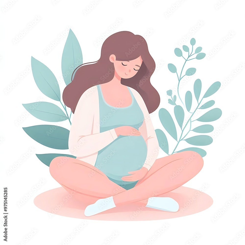 flat-style illustration of a pregnant woman standing gracefully, surrounded by soft leaves. Ideal for maternity, wellness, and nature-themed designs. Simple, elegant, and calming composition. flat-style illustration of a pregnant woman standing gracefully, surrounded by soft leaves. Ideal for maternity, wellness, and nature-themed designs. Simple, elegant, and calming composition.