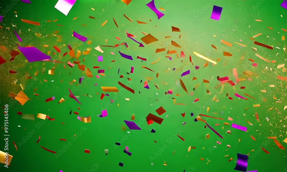 Colorful Confetti Falling on Green Background Colorful Confetti Falling on Green Background