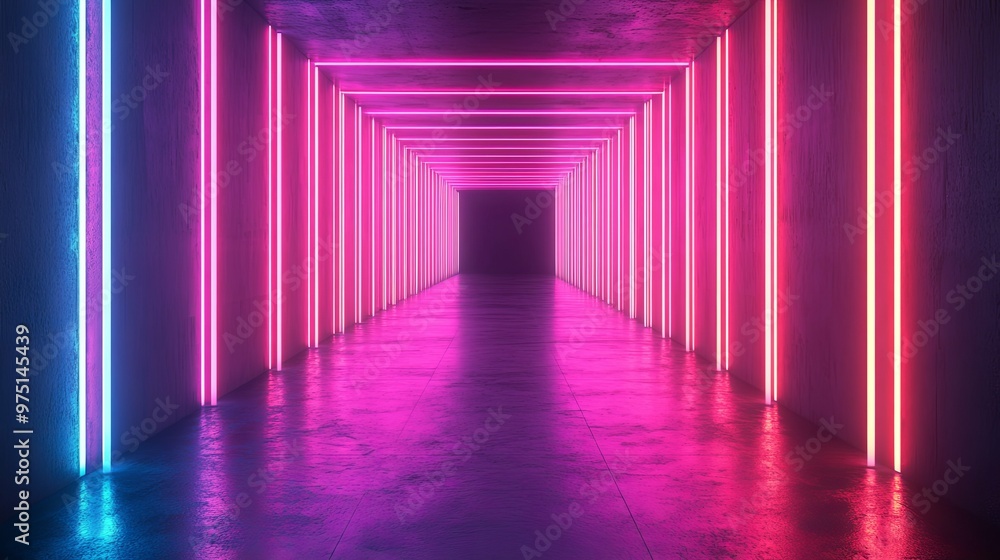 Glowing Pink and Blue Neon Lights in a Concrete Corridor Glowing Pink and Blue Neon Lights in a Concrete Corridor
