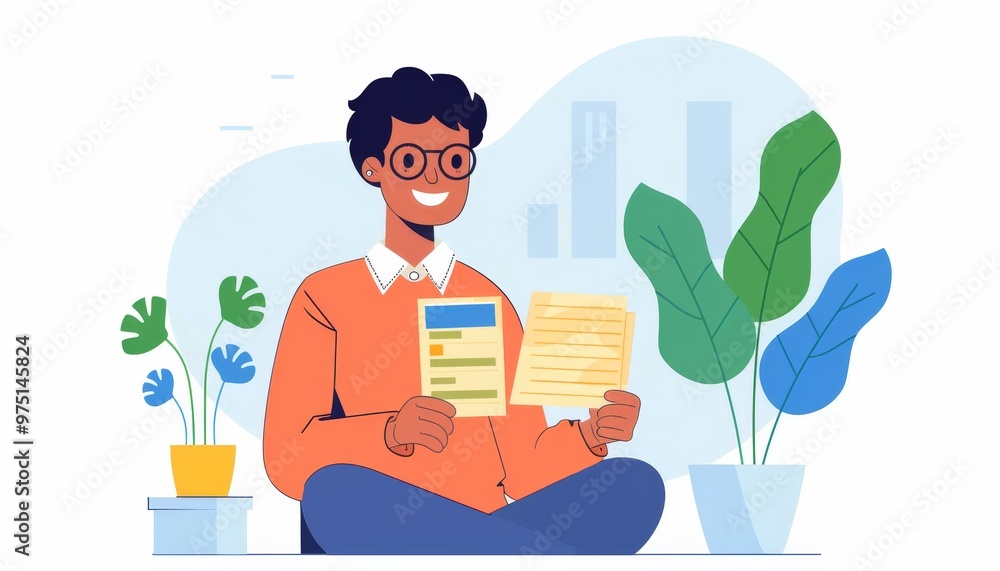 Smiling Young Man Holding Papers Sitting in a Room with Plants Smiling Young Man Holding Papers Sitting in a Room with Plants