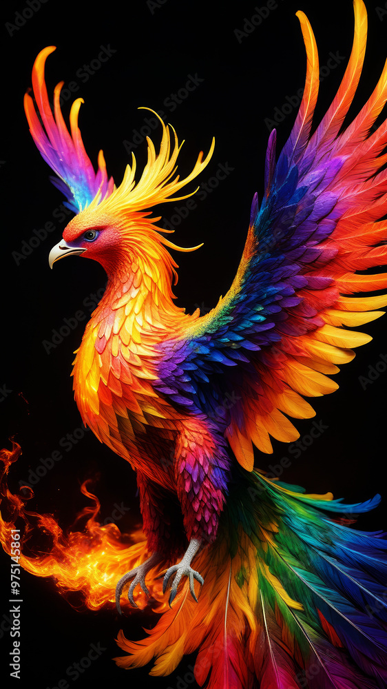 Fototapeta premium Illustration of a phoenix on a black background. Symbol of rebirth from flames and ashes.