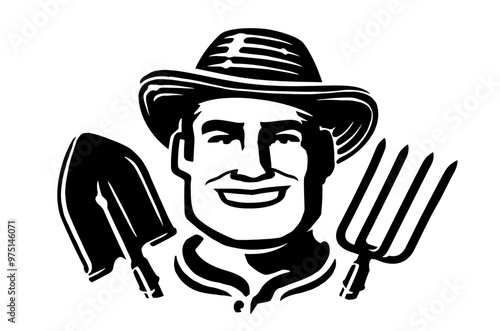 Portrait of happy farmer with shovel and pitchfork. Farm, agriculture emblem and symbol. Sketch vector illustration
