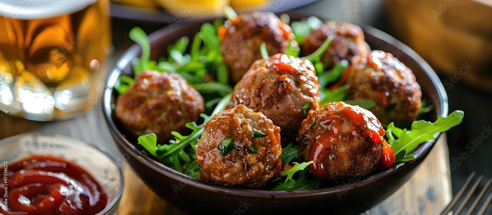 Meatball Served On A Bowl With Salad Ketchup And Beer Meatball Served On A Bowl With Salad Ketchup And Beer