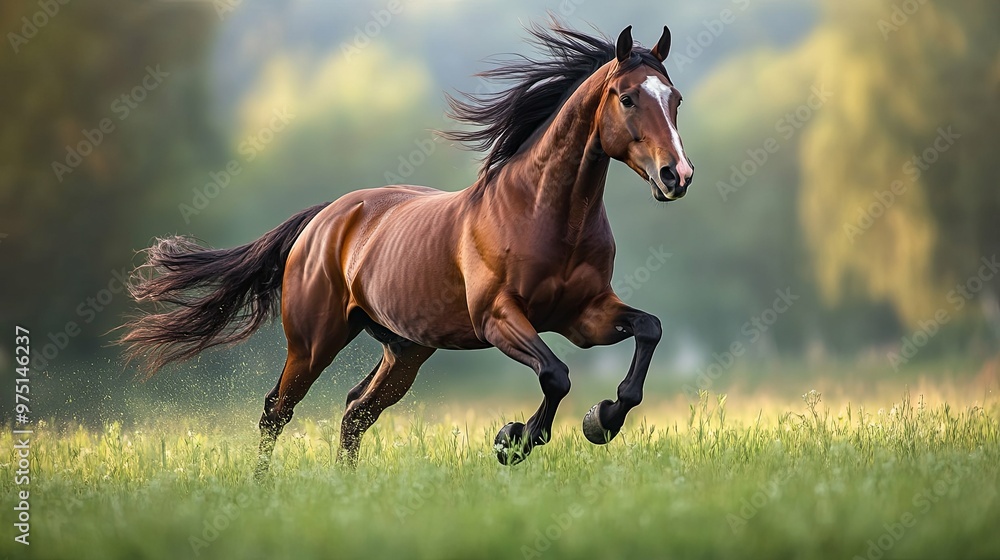A Bay Horse Galloping Through a Green Meadow A Bay Horse Galloping Through a Green Meadow