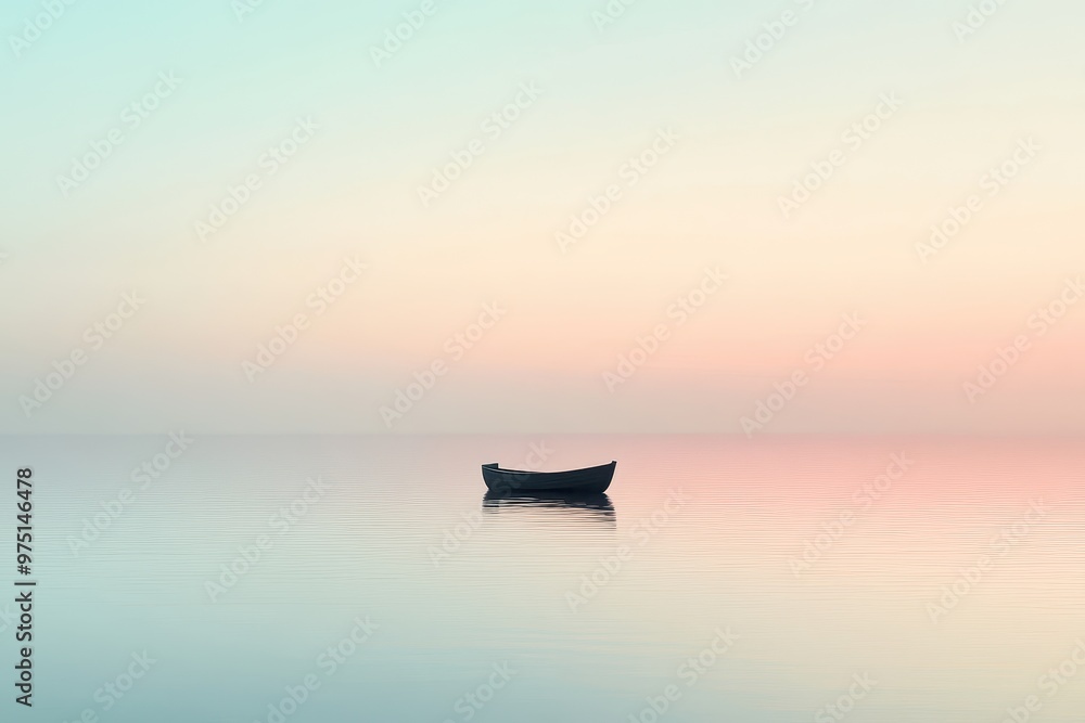 A Single Boat Anchored on a Calm, Pink-Hued Lake at Sunset A Single Boat Anchored on a Calm, Pink-Hued Lake at Sunset