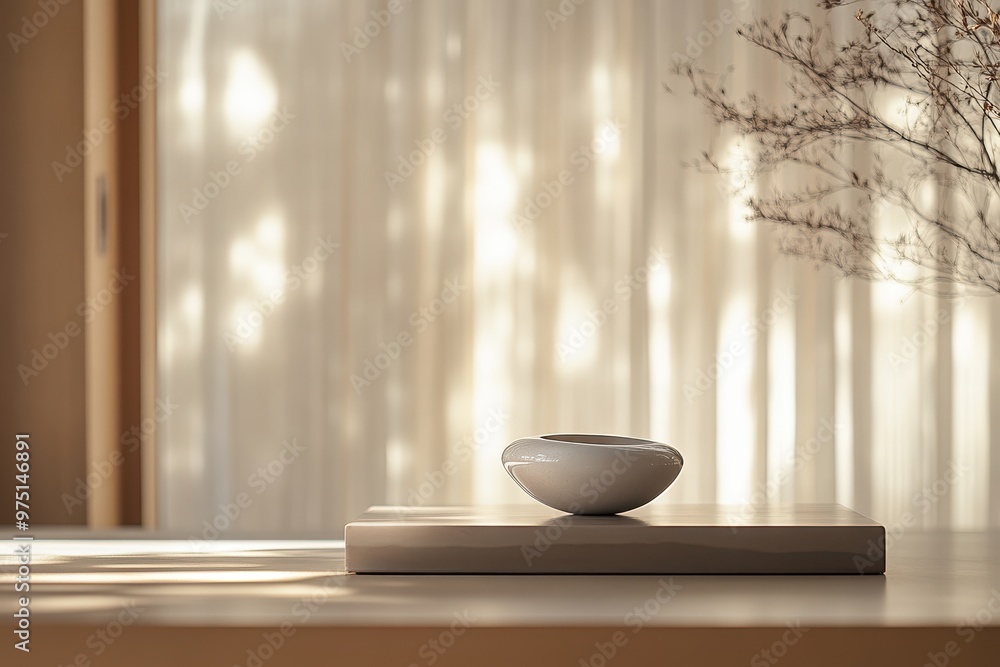 White Ceramic Bowl on Wooden Platform with Sunlit Sheer Curtains