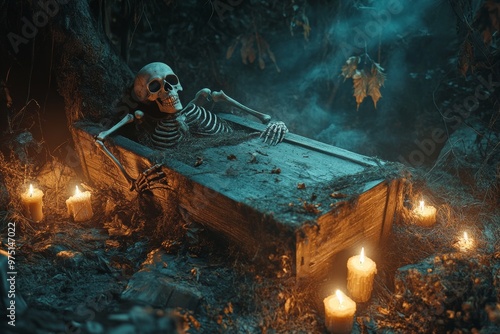 Spooky forest halloween scene featuring a skeleton, spider, and candlelit wooden coffin