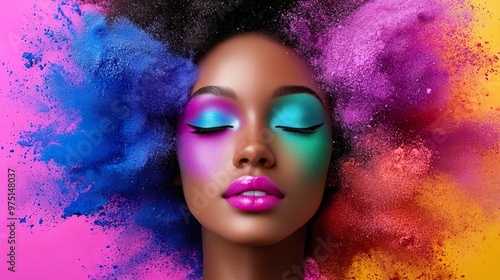 A beautiful woman with colorful powder in her hair and makeup.