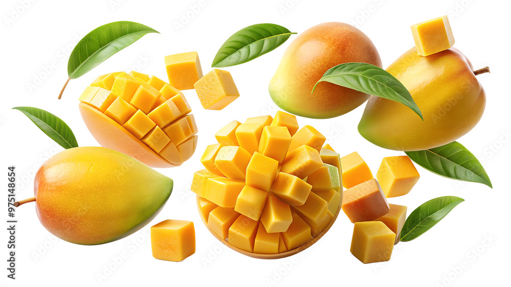set of mangoes falling in the air on a transparent background PNG set of mangoes falling in the air on a transparent background PNG