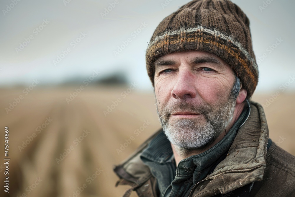 Weathered farmer standing in field on overcast day AI Weathered farmer standing in field on overcast day AI