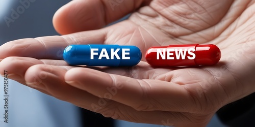 Hand holding pills labeled 'fake' and 'news', symbolizing misinformation (14)