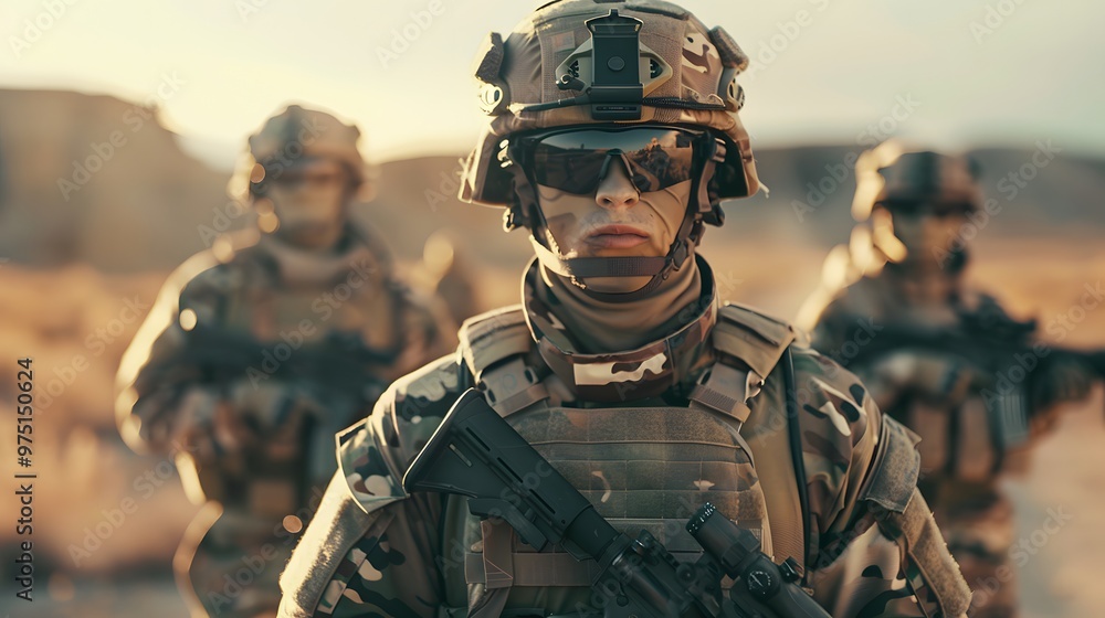 Fototapeta premium Group of soldiers in full gear, standing together with their faces hidden behind helmets and masks