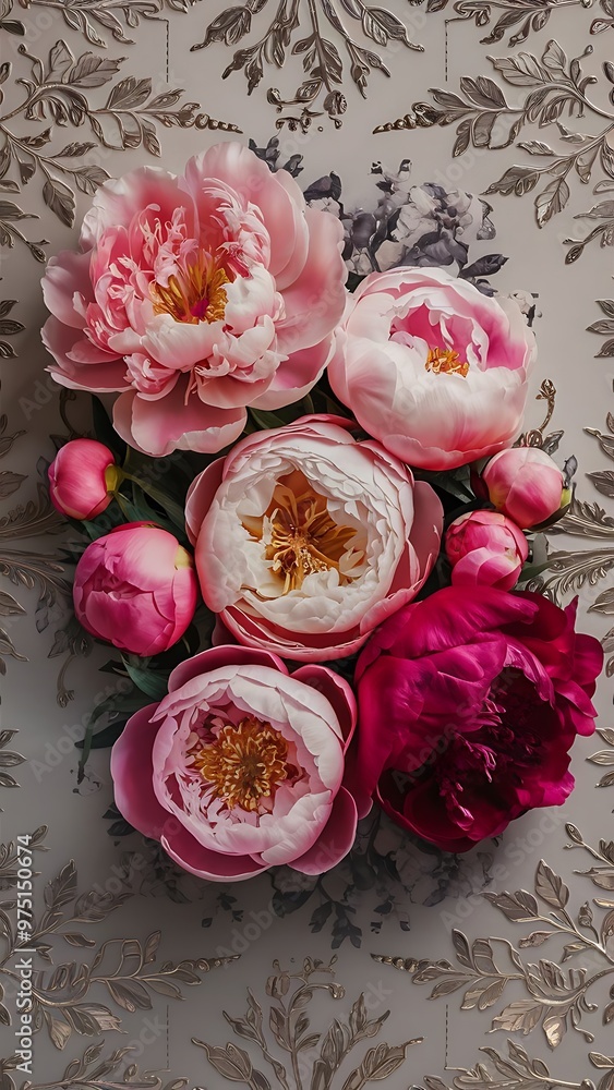 Fototapeta premium Blooming peony flowers as floral art background, botanical flatlay and luxury branding design