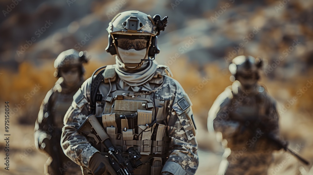 Group of soldiers in full gear, standing together with their faces hidden behind helmets and masks Group of soldiers in full gear, standing together with their faces hidden behind helmets and masks