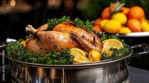 Wallpaper Mural Roasted turkey with lemon and herbs in a roasting pan on a festive table. Torontodigital.ca