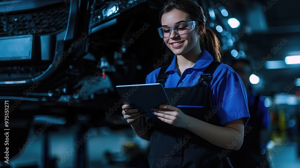 Smiling female mechanic inspects a car in a workshop, holding a tablet. Smiling female mechanic inspects a car in a workshop, holding a tablet.