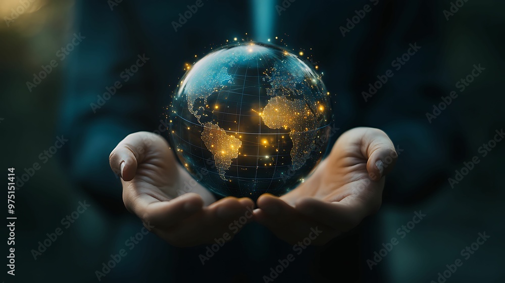 Close-up of hands holding a digital globe with illuminated network connections, symbolizing global communication, technology, and connectivity. Close-up of hands holding a digital globe with illuminated network connections, symbolizing global communication, technology, and connectivity.