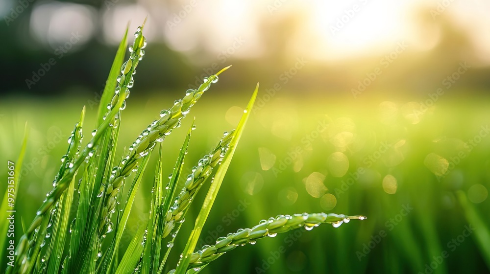Fototapeta premium Dewdrops on rice paddy blades with a sun-drenched background.