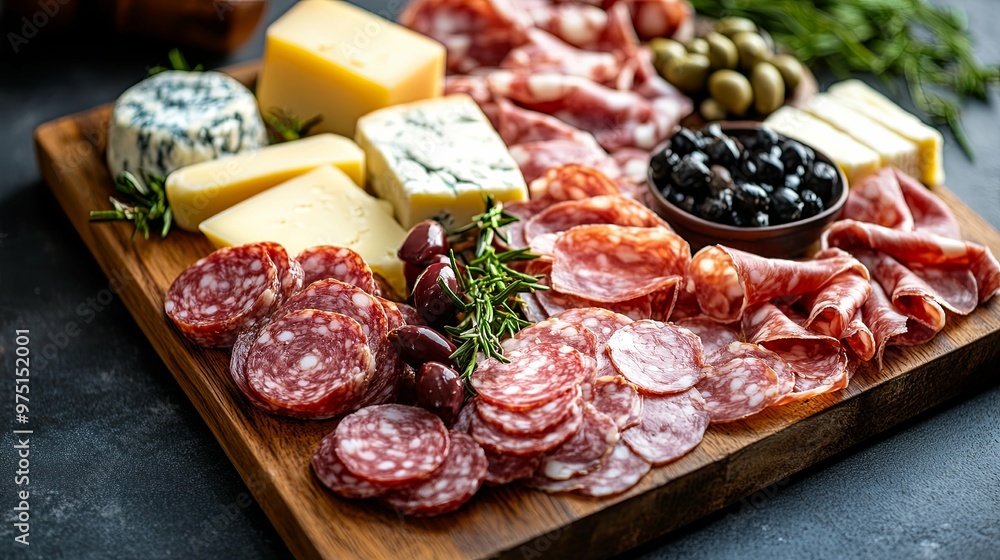 A Wooden Cutting Board with Salami, Cheese, Olives, and Rosemary A Wooden Cutting Board with Salami, Cheese, Olives, and Rosemary