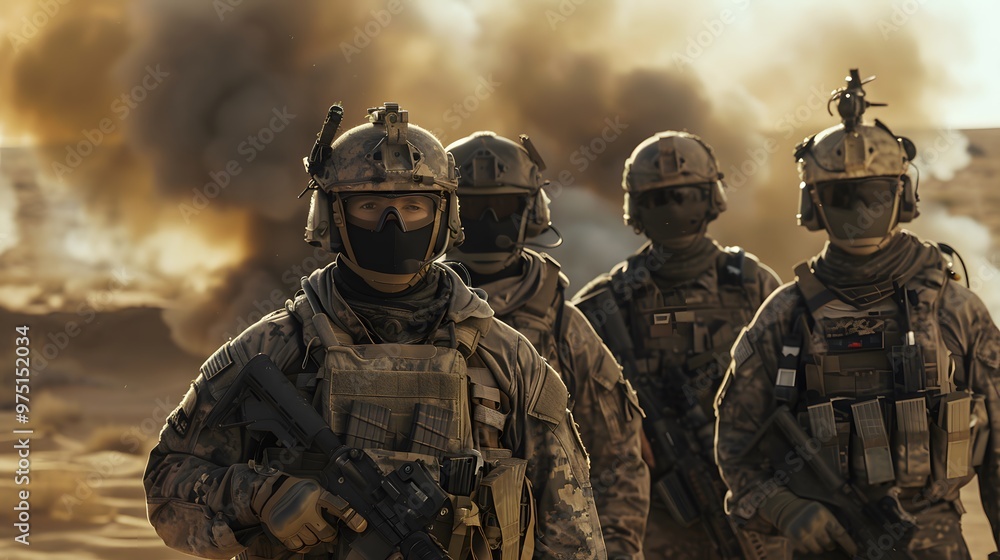 Fototapeta premium Group of soldiers in full gear, standing together with their faces hidden behind helmets and masks