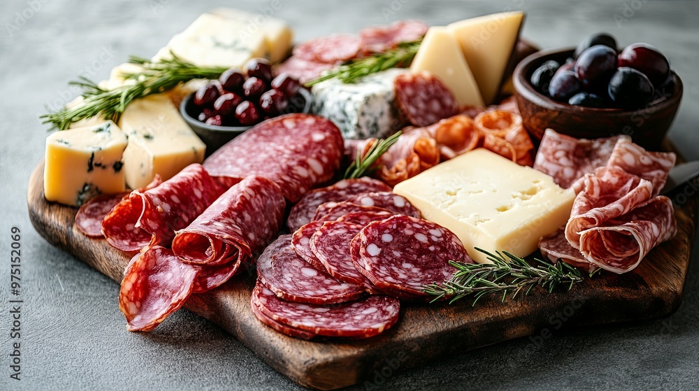 Salami, Cheese, and Olives Appetizer Platter on Wooden Board Salami, Cheese, and Olives Appetizer Platter on Wooden Board