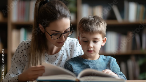 Female teacher and little boy student reading textbook together at table on blurred background, young woman teaching child to read, elementary school, kindergarten, schoolchild, girl tutor, nanny, kid