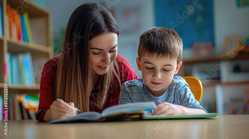 Female teacher and little boy student reading textbook together at table on blurred background, young woman teaching child to read, elementary school, kindergarten, schoolchild, girl tutor, nanny, kid