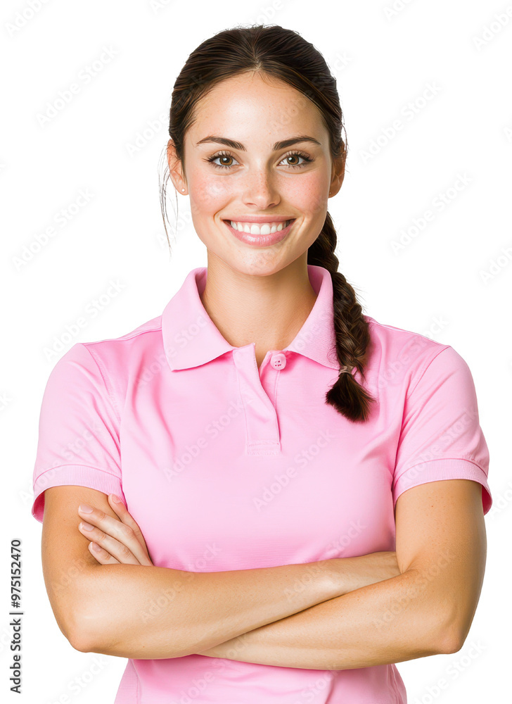 Smiling woman in a pink polo shirt, arms crossed, exuding confidence and positivity. Ideal for business or lifestyle concepts. Smiling woman in a pink polo shirt, arms crossed, exuding confidence and positivity. Ideal for business or lifestyle concepts.